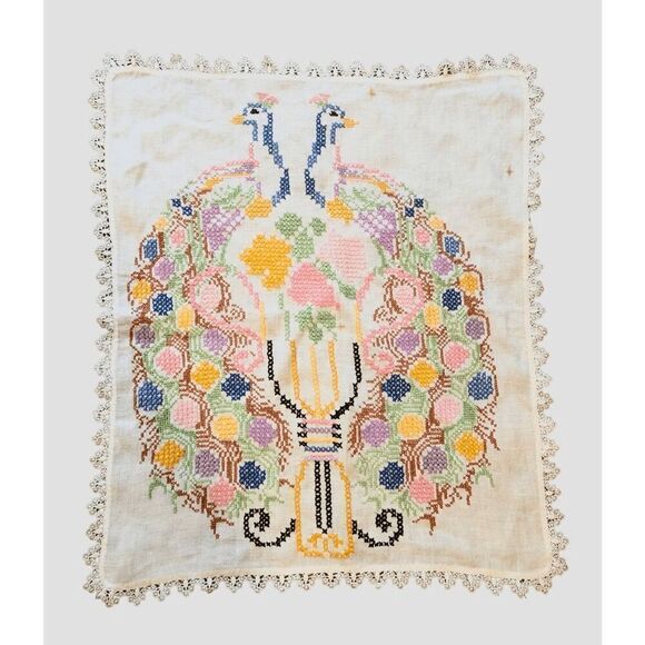 Vintage Peacock Embroidered Tapestry Art Cloth Panel - Picture 3 of 16